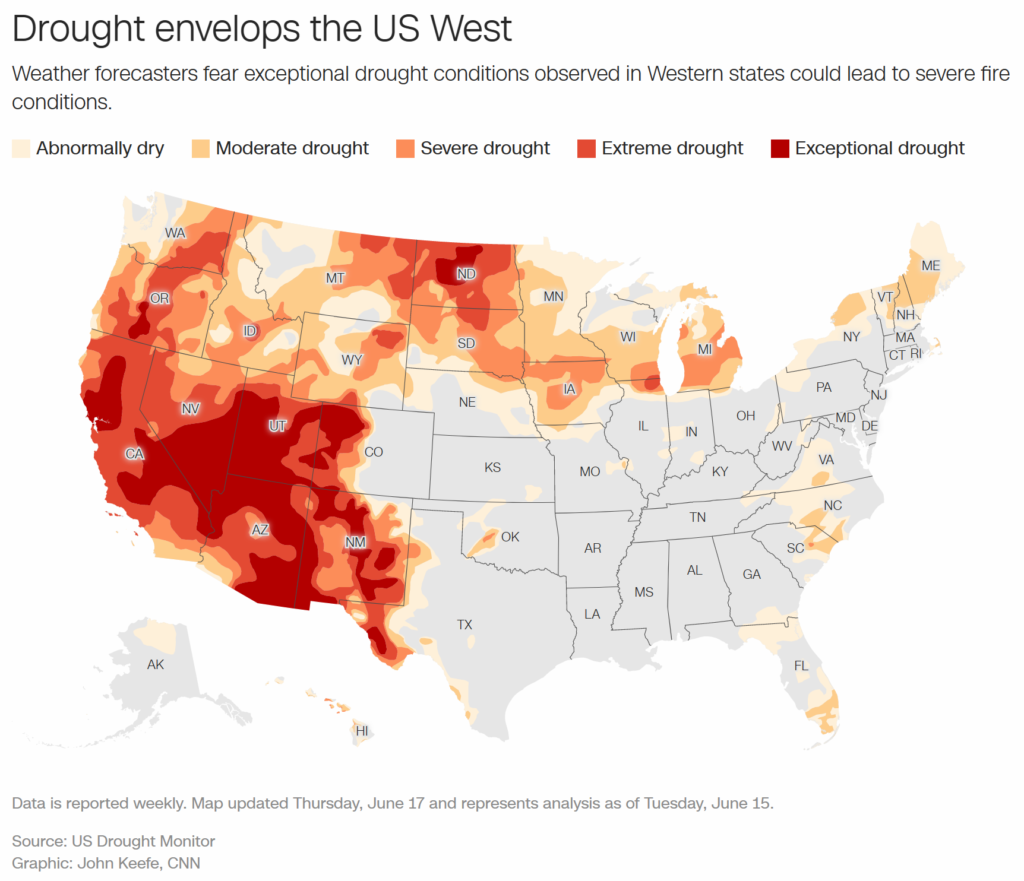 Map showing “exceptional” levels of drought in the U.S. West on 17 June 2021. Source: US Drought Monitor. Graphic: John Keefe / CNN
