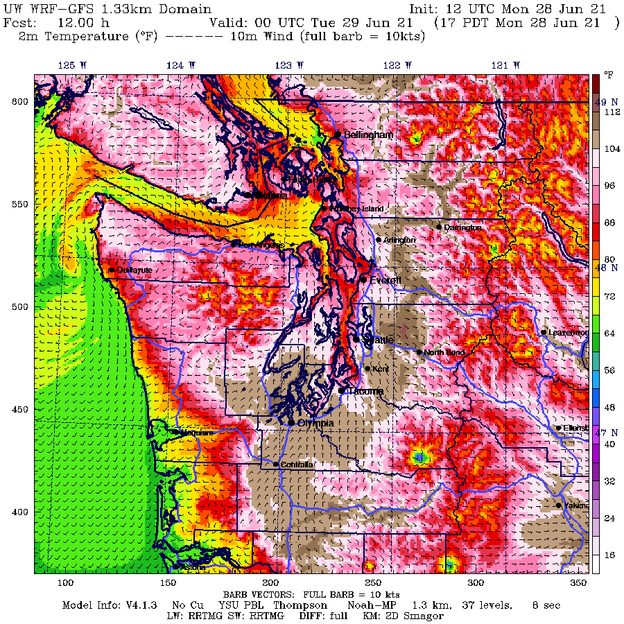Map showing the high-resolution temperature forecast for 1700 over Western Washington during the record-breaking heatwave on 28 June 2021. The western lowlands not near water experienced 104F (light brown). Some localized areas to around 115F. Graphic: UW WRF-GFS