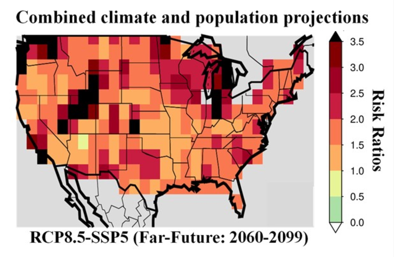 Potential heat stress risk in 2060-2099 due to combined climate and population projections. Periods of extremely high heat are projected to double across the lower 48 states by 2100 if the world continues to emit high levels of greenhouse gases. The heat stress will be felt most strongly in areas with growing populations. The Pacific Northwest, central California, and the Great Lakes region could experience as much as a threefold increase compared to the past 40 years. Graphic: Mukherjee, et al., 2021 / Earth’s Future