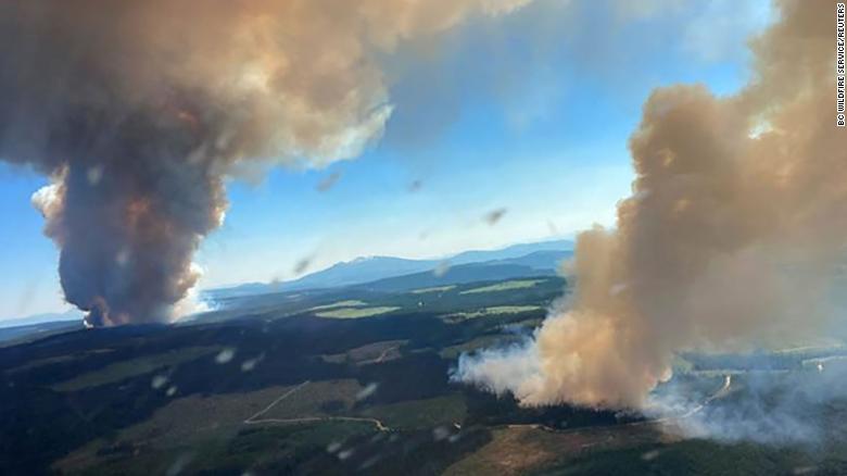 Aerial view of smoke rising from fires at Long Loch and Derrickson Lake in Central Okanagan in Canada on 30 June 2021. Photo: B.C. Wildfire Service / Reuters