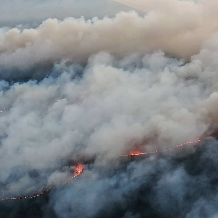Aerial view of a wildfire burning in the Lena Pillars Nature Park in the Yakutia region of Siberia, 13 July 2021. Photo: Greenpeace Russia / The Siberian Times