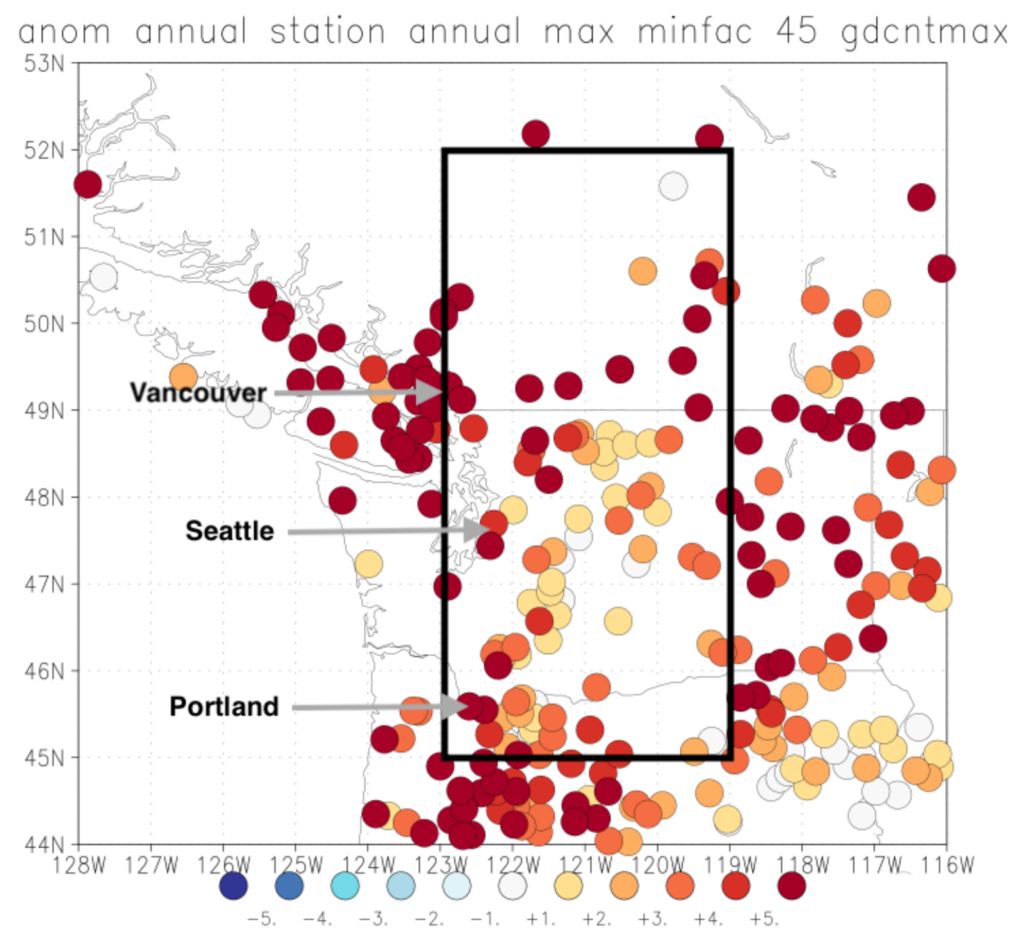 Anomalies of 2021 highest daily maximum temperature (TXx) in Western North America, assuming the rest of the summer is cooler than the June 2021 heatwave. Note that some stations do not have data up to the peak of the heatwave yet and hence underestimate the event. The black box indicates the study region. Data: GHCN-D downloaded on 4 July 2021. Graphic: Philip, et al., 2021 / World Weather Attribution