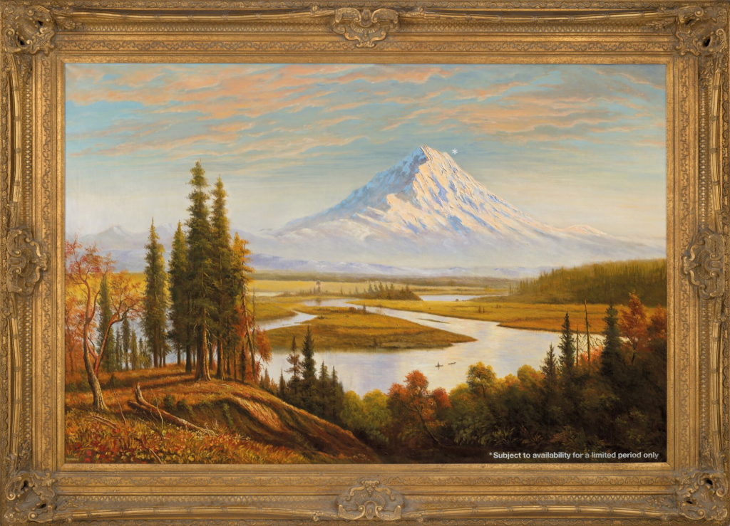 In a grim commentary on climate change, in 2009, British artist Banksy creatively vandalized this 1890 painting by Hudson River School painter Albert Bierstadt. The artwork, now titled “Subject to Availability,” has a surprise for Northwest locals — Mount Rainier. It sold at auction Wednesday, 28 June 2021, for 4,582,500 pounds, or $6,342,180. Photo: Christie’s Images Limited 2021