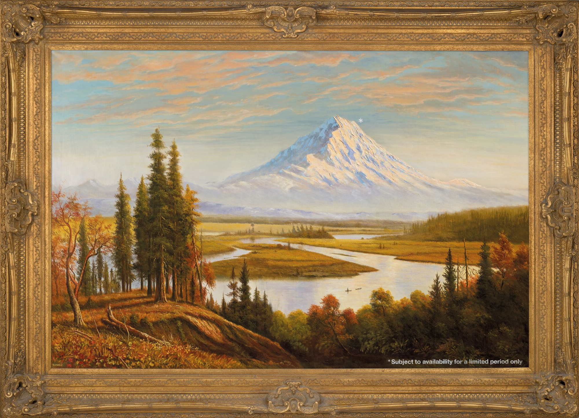 In a grim commentary on climate change, in 2009, British artist Banksy creatively vandalized this 1890 painting by Hudson River School painter Albert Bierstadt. The artwork, now titled Subject to Availability, has a surprise for Northwest locals — Mount Rainier. It sold at auction Wednesday, 28 June 2021, for 4,582,500 pounds, or $6,342,180. Photo: Christie’s Images Limited 2021