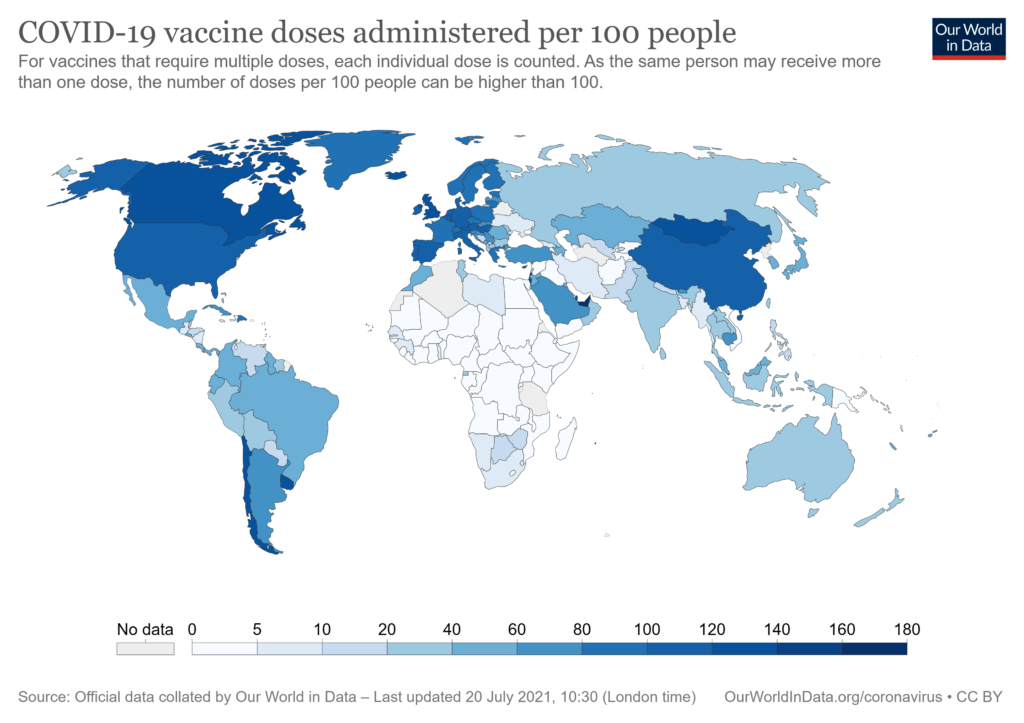 Global map showing COVID-19 vaccine doses administered per 100 people, 20 July 2021. The map shows the enormous difference in vaccination rates between some wealthy nations and the rest of the world. Graphic: Max Roser / Our World In Data