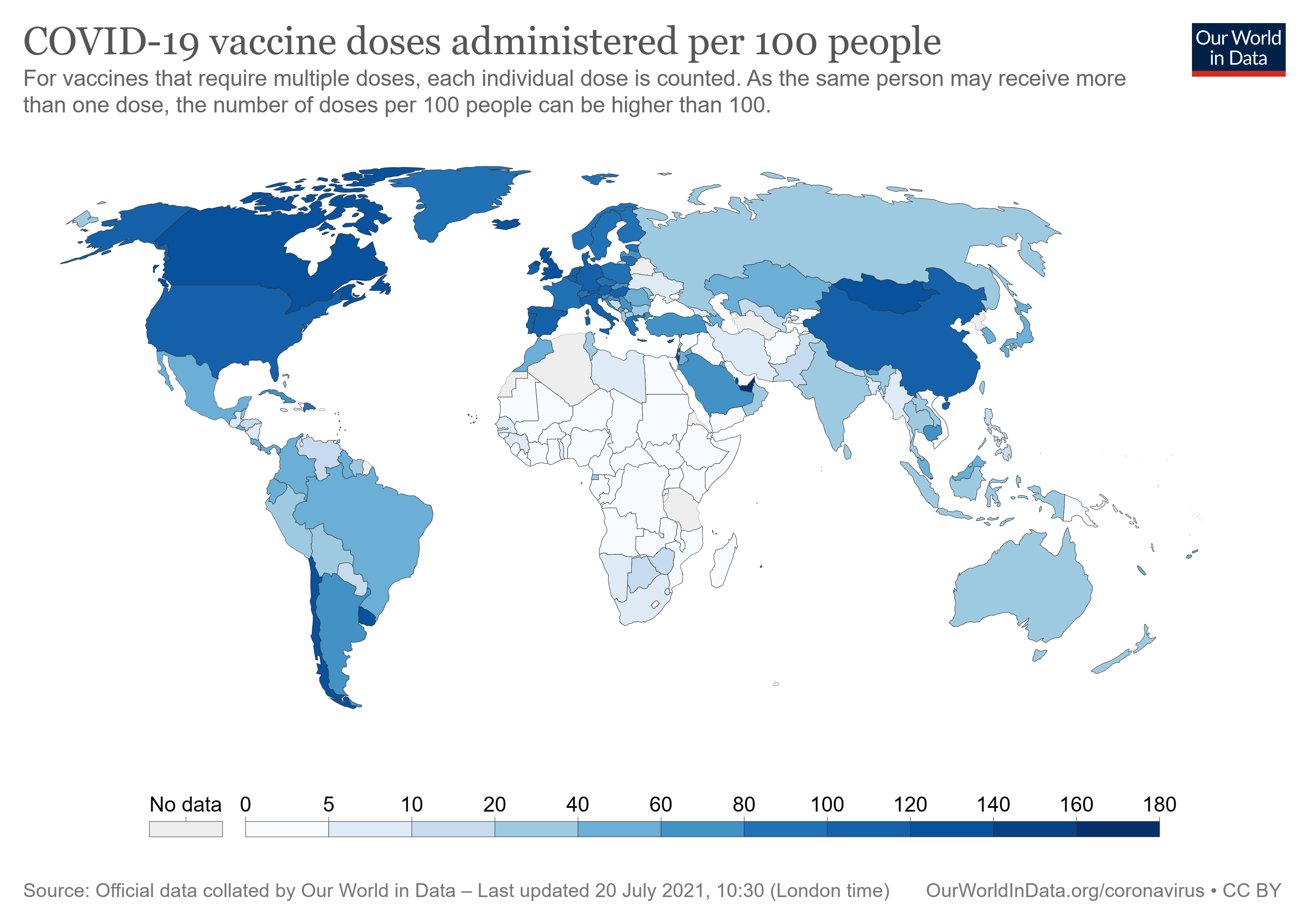 Global map showing COVID-19 vaccine doses administered per 100 people, 20 July 2021. The map shows the huge difference in vaccination rates between some wealthy nations and the rest of the world. Graphic: Max Roser / Our World In Data