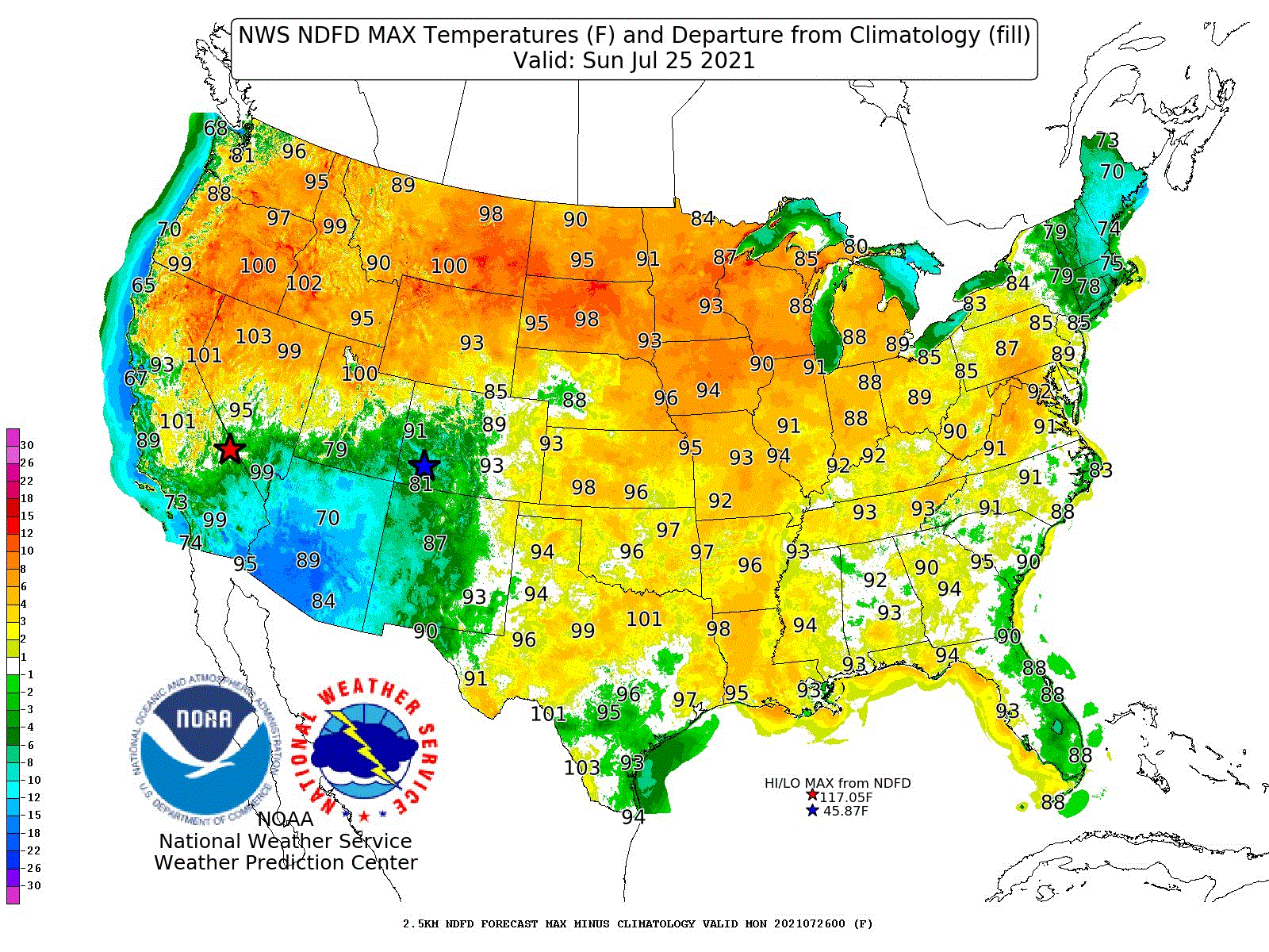 Forecast NWS NDFD Max temperatures (F) and departure from climatology (fill) in the United States, 25 July 2021 - 28 July 2021. Graphic: NOAA / NWS