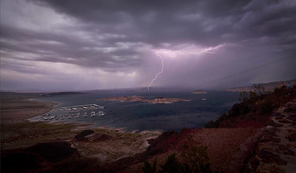 Lightning strikes over Lake Mead as a storm rolls through. The lake is the largest reservoir in the U.S. Photo: Allen J. Schaben / Los Angeles Times