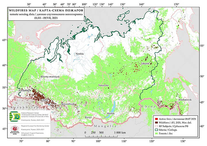 Map of Siberia wildfires recorded in March-July 2021. Graphic: Institute of Forest, named after V.N. Sukachev SB RAS