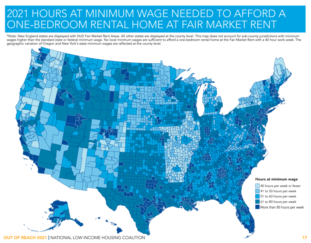 Map showing 2021 hours at minimum wage needed to afford a one-bedroom rental home at fair market rent, by U.S. county. Graphic: NLIHC