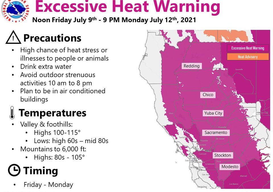 Map showing Excessive Heat Warnings beginning 9 July 2021 for the entire Sacramento Valley, northern San Joaquin Valley, the foothills, and mountains up to ~ 6,000 ft. The hottest days are Saturday and Sunday, with many Valley communities approaching or exceeding 110°F, locally 115°F. Graphic: NWS Sacramento / Twitter