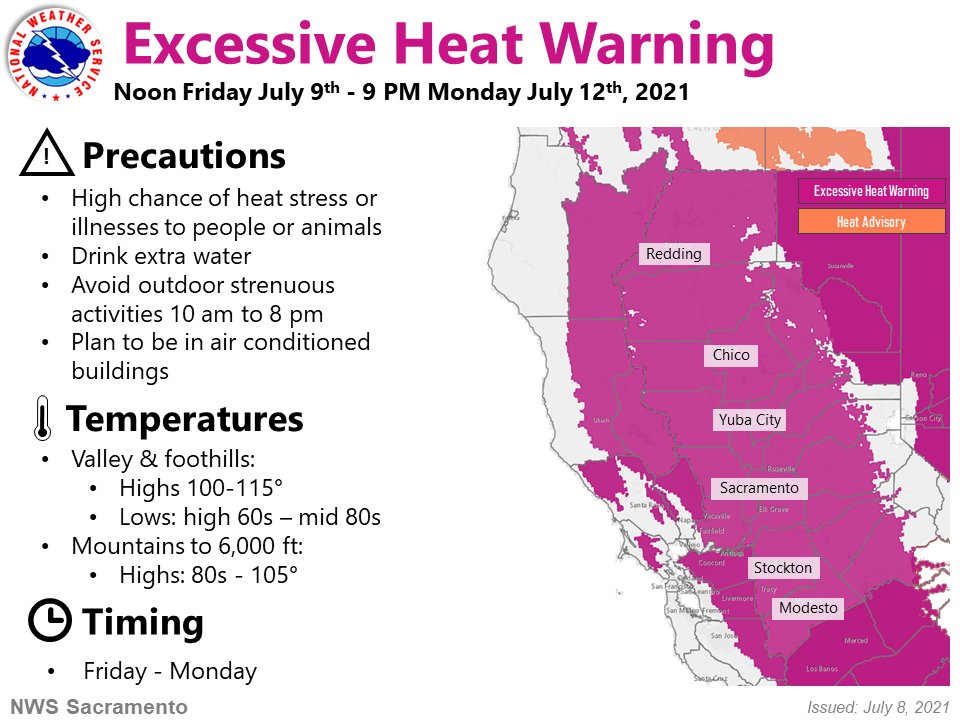 Map showing Excessive Heat Warnings beginning 9 July 2021 for the entire Sacramento Valley, northern San Joaquin Valley, the foothills, and mountains up to ~ 6,000 ft. The hottest days are Saturday and Sunday, with many Valley communities approaching or exceeding 110°F, locally 115°F. Graphic: NWS Sacramento / Twitter