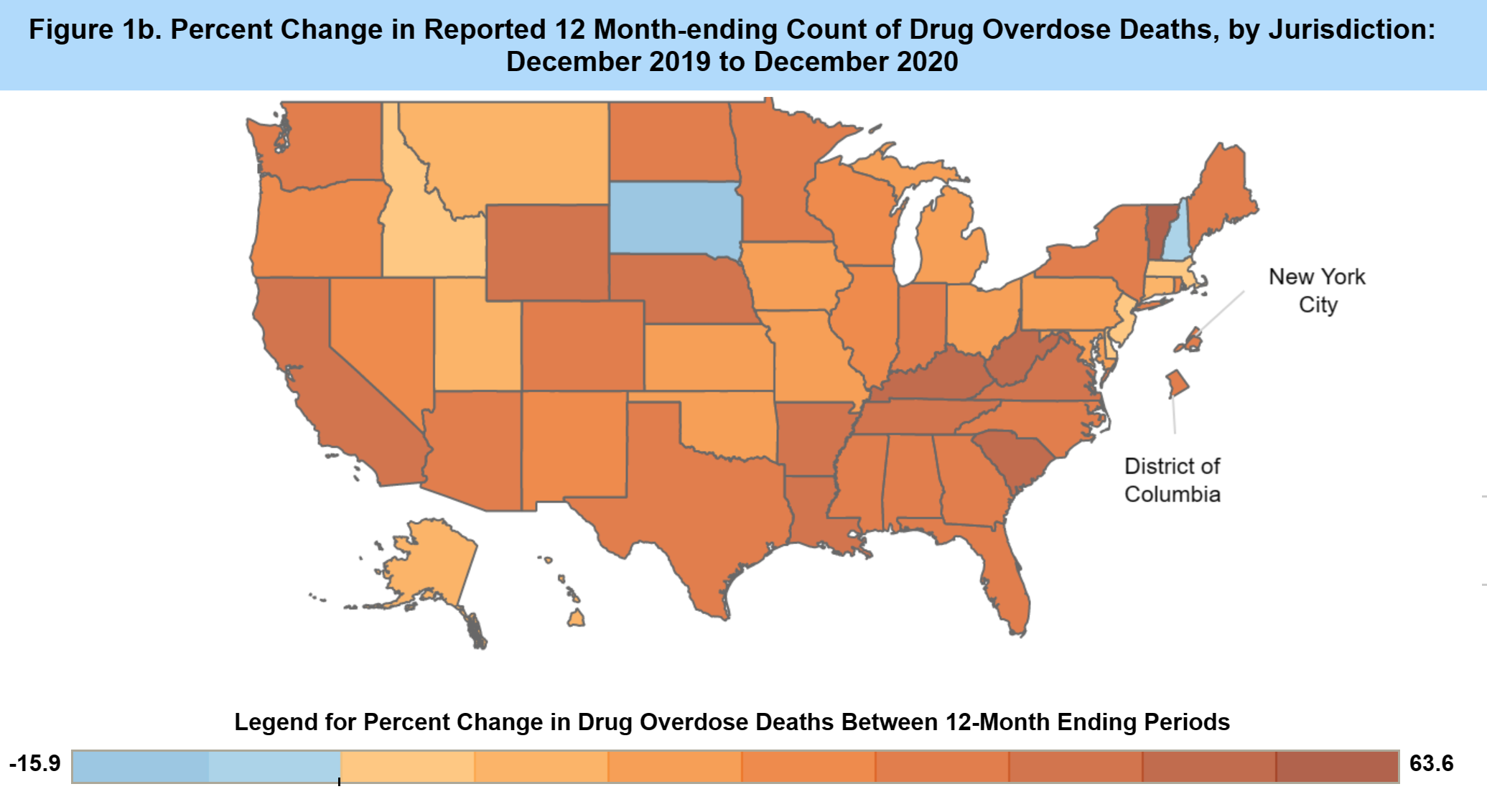Map showing percent change in reported 12 month-ending count of U.S. drug overdose deaths, by jurisdiction, December 2019 to December 2020. Graphic: CDC