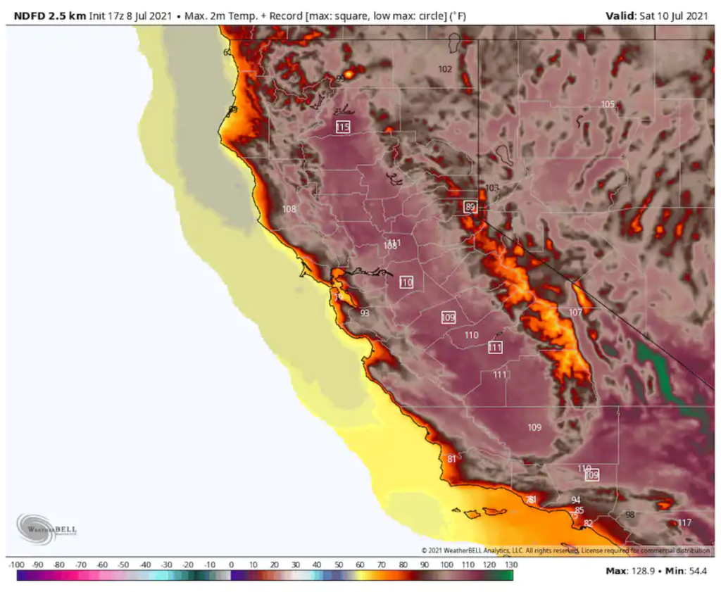 Map showing high temperatures forecast by the National Weather Service for California on 10 July 2021. Photo: WeatherBell
