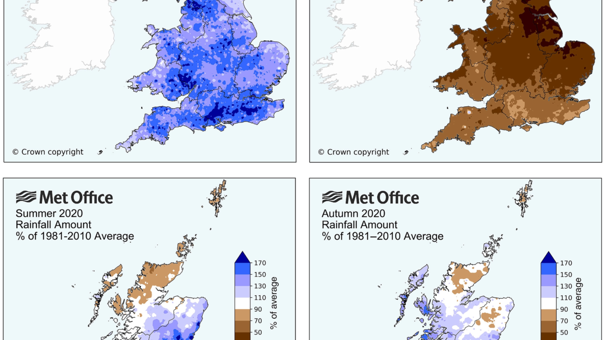 Map showing rainfall anomalies (percentage) for seasons of 2020 in the UK. This was the fifth wettest year for UK in a series from 1862, and the wettest year since 2000. It was a particularly wet year across parts of north-west England and south-west Scotland which received more than 125% of average fairly widely, and some locations recorded more than 135% of average. Winter refers to the period December 2019 to February 2020. Note that winter 2021 (December 2020 to February 2021) will appear in State of the UK Climate 2021. Graphic: Met Office