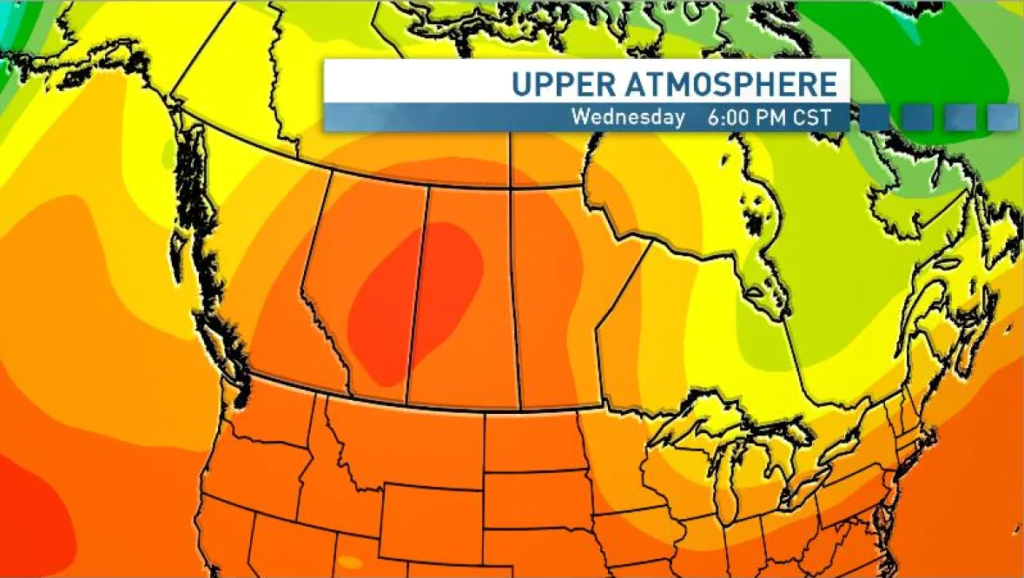 Map showing the heat dome on 30 June 2021, indicated in red, planted over Alberta, moving into Saskatchewan in a northeastern direction. Photo: Fiona Odlum / CBC