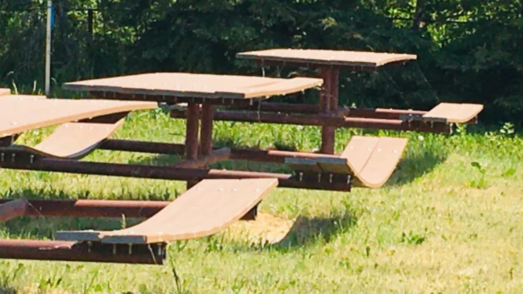 Picnic benches in Clairmont, Alberta sag during the heatwave on 3 July 2021. Photo: Shelly Clauson / CBC