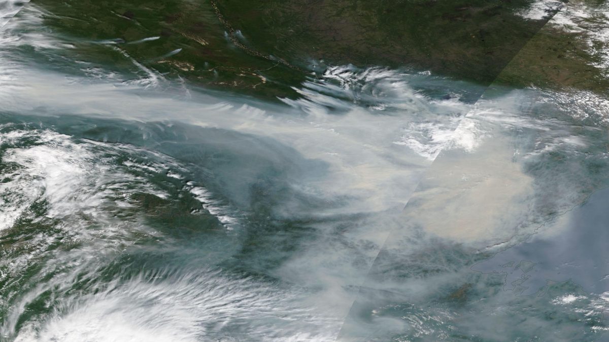 Satellite view of smoke from wildfires in the Yakutia region of Siberia, 18 July 2021. Photo: NASA / EOSDIS