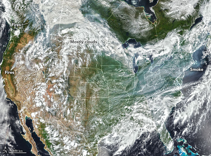 The Visible Infrared Imaging Radiometer Suite (VIIRS) on NOAA-20 captured this natural-color image of smoke over the Northeast U.S. on 20 July 2021. Data: VIIRS data from NASA EOSDIS LANCE, GIBS/Worldview, and the Joint Polar Satellite System (JPSS). Photo: Joshua Stevens / NASA Earth Observatory