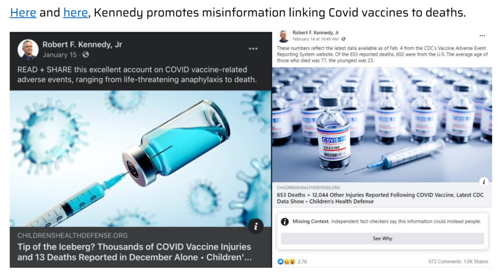 Social media posts by Robert F. Kennedy, Jr. in early 2021 promoting vaccine disinformation. Kennedy is one of the “Disinformation Dozen” identified by CCDH for spreading anti-vaccine messaging. Graphic: CCDH