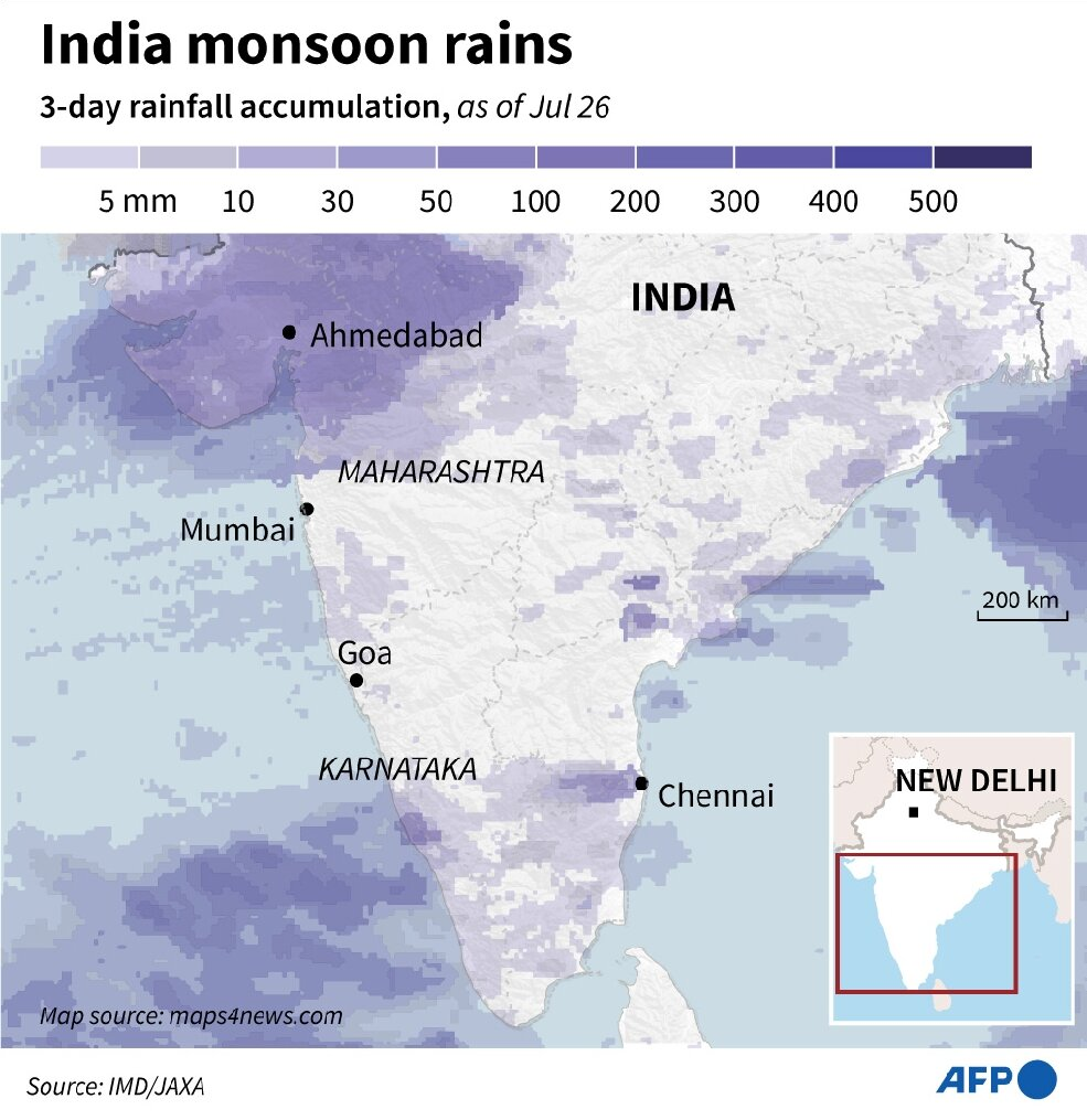 Three-day rainfall accumulation in India on 26 July 2021, showing India monsoon rains. Data: IMD / JAXA. Graphic: AFP
