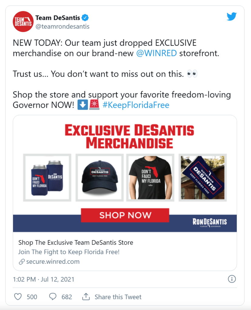 Twitter post from the re-election campaign of Florida Gov. Ron DeSantis touting antiscience merchandise that reads, “Don’t Fauci my Florida”, 12 July 2021. Graphic: DeSantis campaign / Twitter