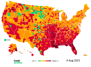 Map of the U.S. showing the Covid risk levels and vaccination percentages, per county, 4 August 2021. The counties with the lowest vaccination rates hanve the highest infection rates. The highest Covid risk levels are in Louisiana and Florida. Graphic: Covid Act Now