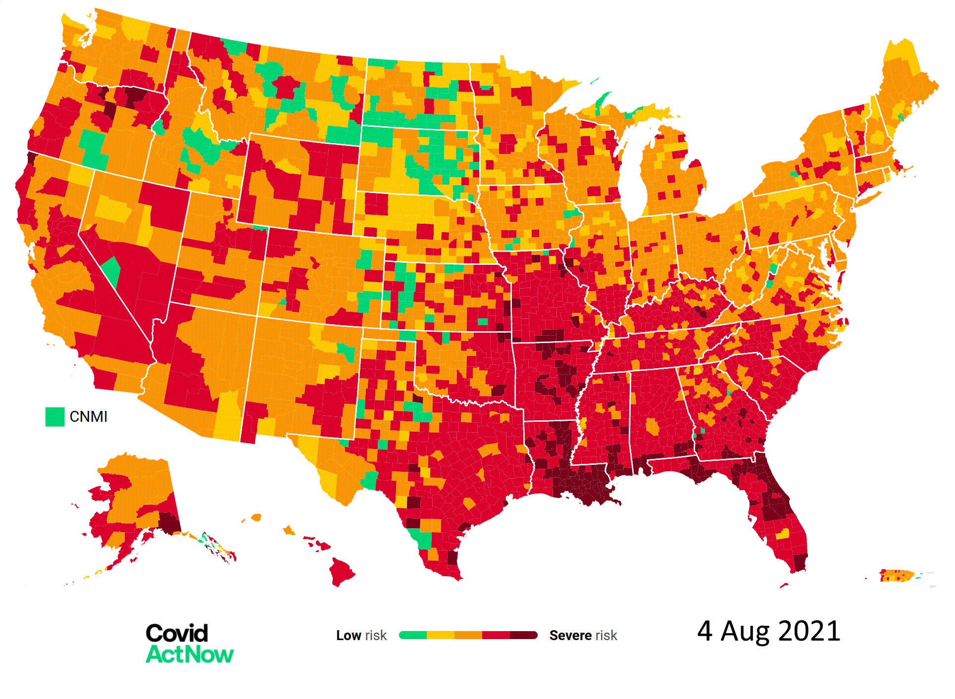 Map of the U.S. showing the Covid risk levels and vaccination percentages per county, 4 August 2021. The counties with the lowest vaccination rates have the highest infection rates. The highest Covid risk levels are in Louisiana and Florida. Graphic: Covid Act Now