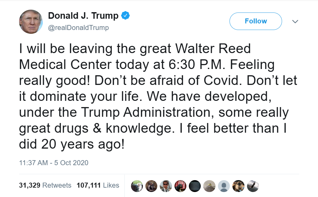 Donald J. Trump tweet telling the world, “Don't be afraid of Covid” on 5 October 2020, after receiving treatments for the Covid virus that were unavailable to most Americans. Twitter banned Trump on 8 January 2021 for violating terms of service by inciting the 6 January 2021 attack on the U.S. Capitol and advocating violent intervention in the peaceful transfer of power. Graphic: Twitter