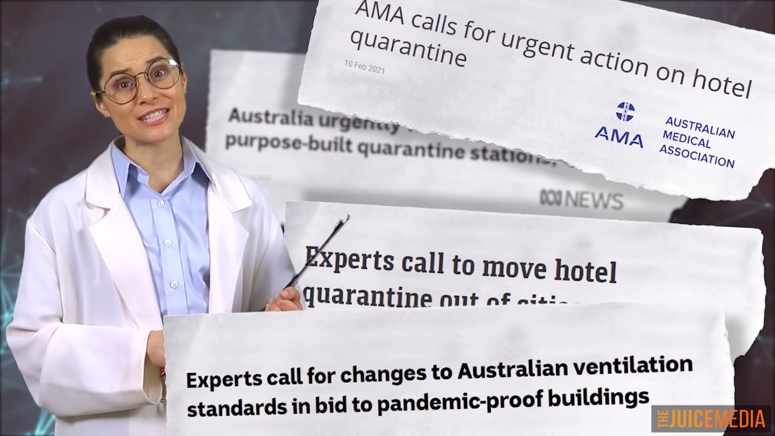 Screenshot from “Honest Government: Ad Hotel Quarantine and Vaccines” by The Juice Media, 30 July 2021. Shown are headlines describing how experts are calling for urgent action on Covid hotel quarantine in Australia. Photo: The Juice Media