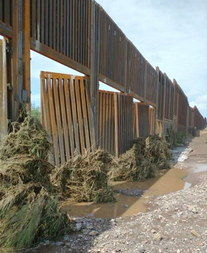 Flood gates on Trump’s border wall blown open by monsoon rains near San Bernardino Ranch in Arizona on 16 July 2021. Much of the West is suffering through a deep megadrought, but the monsoon rains that have swept across parts of the Southwest this summer have doused the southern half of Arizona with record-setting rains. Douglas has seen nearly double its average monsoon season rainfall so far, including a blast that came through on Monday and unleashed flooding on the Arizona-Sonora border. The National Weather Service data shows 2.15 inches (5.5 centimeters) of rain fell, which in turn funneled into washes and drove flooding. Photo: Fernando Sobrazo