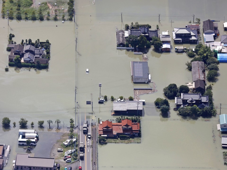 Aerial view from a Kyodo News helicopter on 15 August 2021 shows the flooded Saga Prefecture city of Takeo in southwestern Japan, following record-breaking rain. Photo: Kyodo News