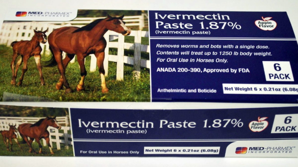 Package of ivermectin paste for deworming horses. One dose treats a horse with a body weight up to 1,250 pounds. In August 2021, poison centers across unvaccinated America saw huge increases in poisoning calls for ivermectin. Photo: Tractor Supply Company / Med-Pharmex