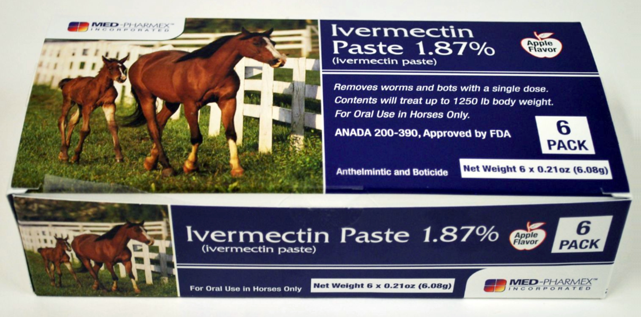 Package of ivermectin paste for deworming horses. One dose treats a horse with a body weight up to 1,250 pounds. In August 2021, poison centers across unvaccinated America saw huge increases in poisoning calls for ivermectin. Photo: Tractor Supply Company / Med-Pharmex