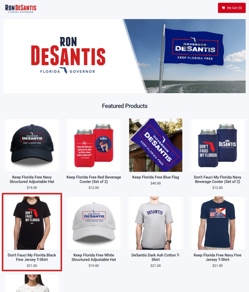 Screenshot of the Ron DeSantis campaign web page, showing a “Don’t Fauci My Florida” T-shirt on sale, as Covid cases increase exponentially in Florida, 4 August 2021. DeSantis blamed immigrants and President Joe Biden for the infections in his state's unvaccinated population. Graphic: Ron DeSantis campaign
