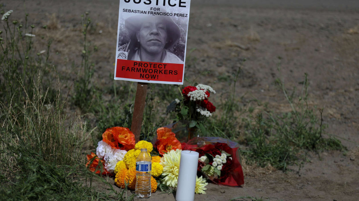 A water bottle is placed at a small vigil for Sebastian Francisco Perez as the community gathers to remember him at Ernst Nursery and Farm in Saint Paul, Oregon on Saturday, 3 July 2021. Mr. Perez was found unresponsive in a field around 3:30 p.m. on 26 June 2021, during the record heatwave, according to the St. Paul Fire District. OSHA has opened investigations into Ernst Nursery and Farms and Brother Farm Labor Contractor, who provided workers to the nursery. Photo: Brian Hayes / Statesman Journal / Imagn