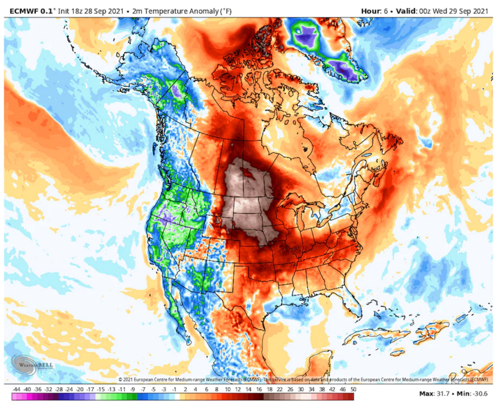 Map showing the temperature difference from normal across North America on 28 September 2021, as simulated by the European weather model. Hazen, North Dakota was among numerous locations that endured record-breaking heat in the northern Plains on Tuesday. Bismarck rose to 98 degrees, while Dickinson, N.D., about 60 miles southwest of Hazen, also hit 100. In South Dakota, Rapid City and Aberdeen both soared to 94, setting records for 28 September 2021. Average high temperatures in interior North Dakota in late September are in the 60s, meaning the actual readings deviated about 30 degrees from the norm. Graphic: WeatherBell / The Washington Post