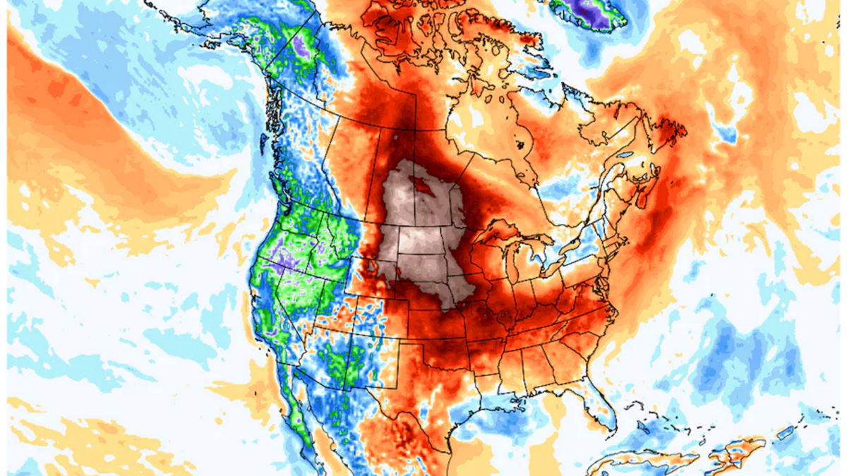 Map showing the temperature difference from normal across North America on 28 September 2021, as simulated by the European weather model. Hazen, North Dakota was among numerous locations that endured record-breaking heat in the northern Plains on Tuesday. Bismarck rose to 98 degrees, while Dickinson, N.D., about 60 miles southwest of Hazen, also hit 100. In South Dakota, Rapid City and Aberdeen both soared to 94, setting records for 28 September 2021. Average high temperatures in interior North Dakota in late September are in the 60s, meaning the actual readings deviated about 30 degrees from the norm. Graphic: WeatherBell / The Washington Post