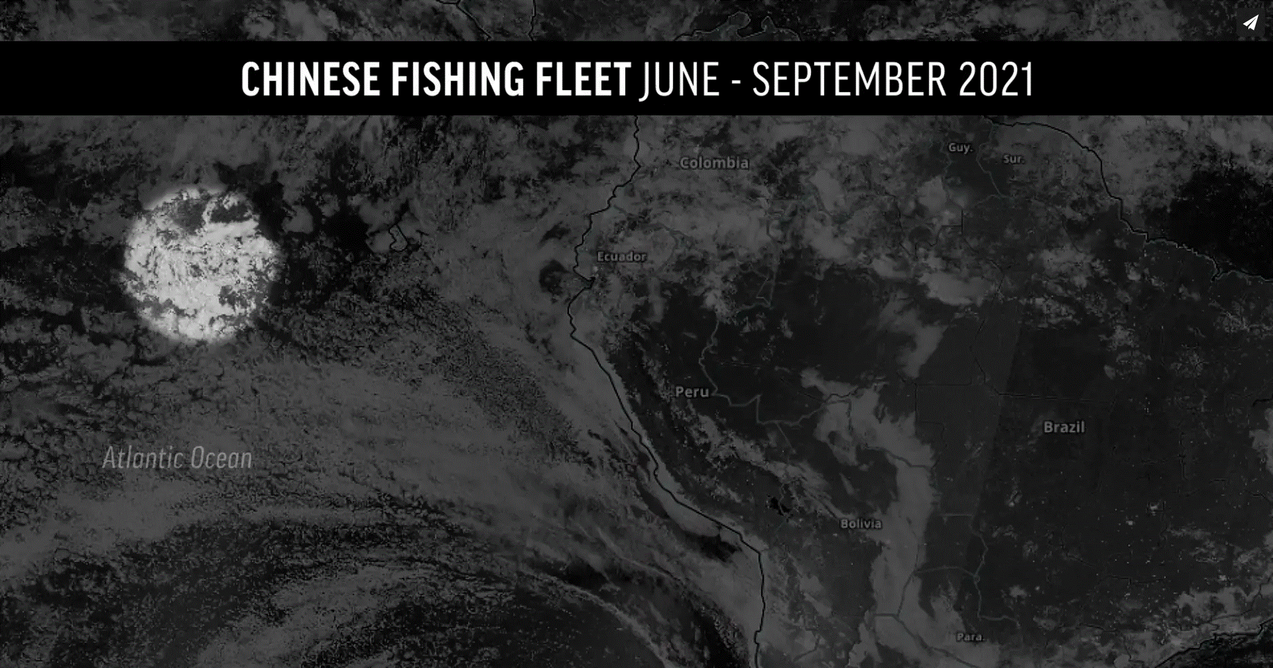 Satellite view of the Chinese fishing fleet crossing the Pacific ocean to the coast of Peru, June - September 2021. Data: NASA. Video: AP News