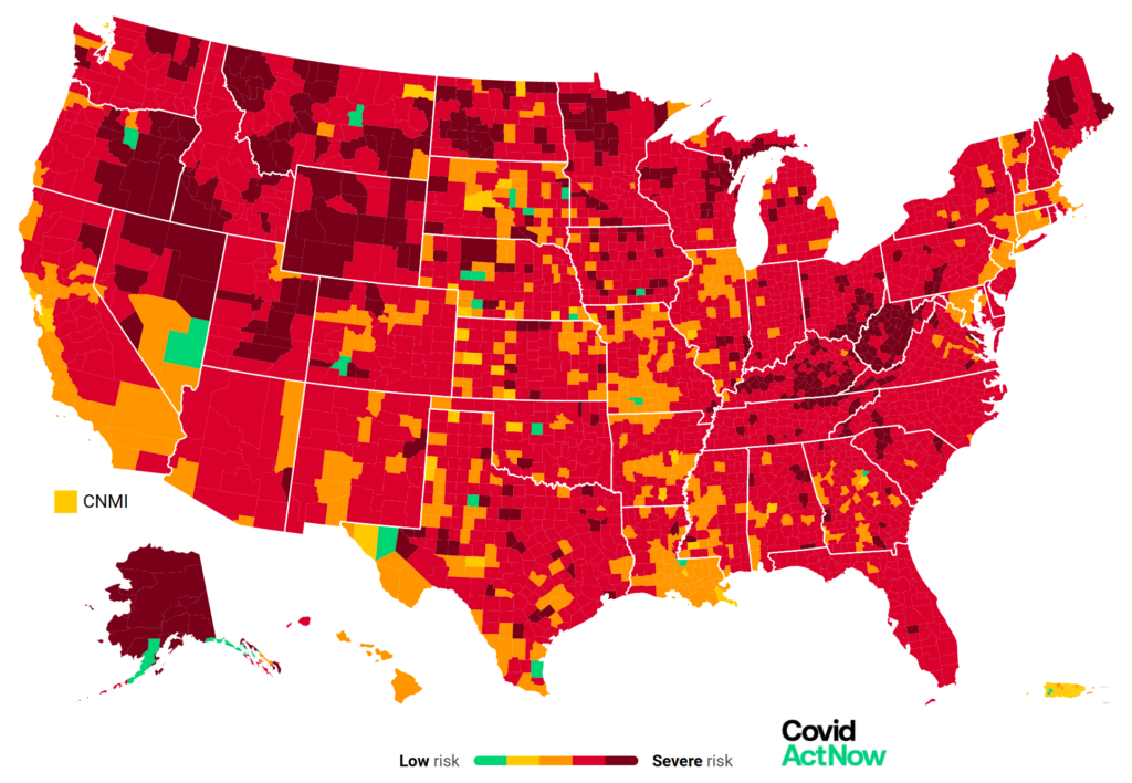 COVID-19 risk levels in the United States by county, 2 October 2021. Graphic: Covid Act Now