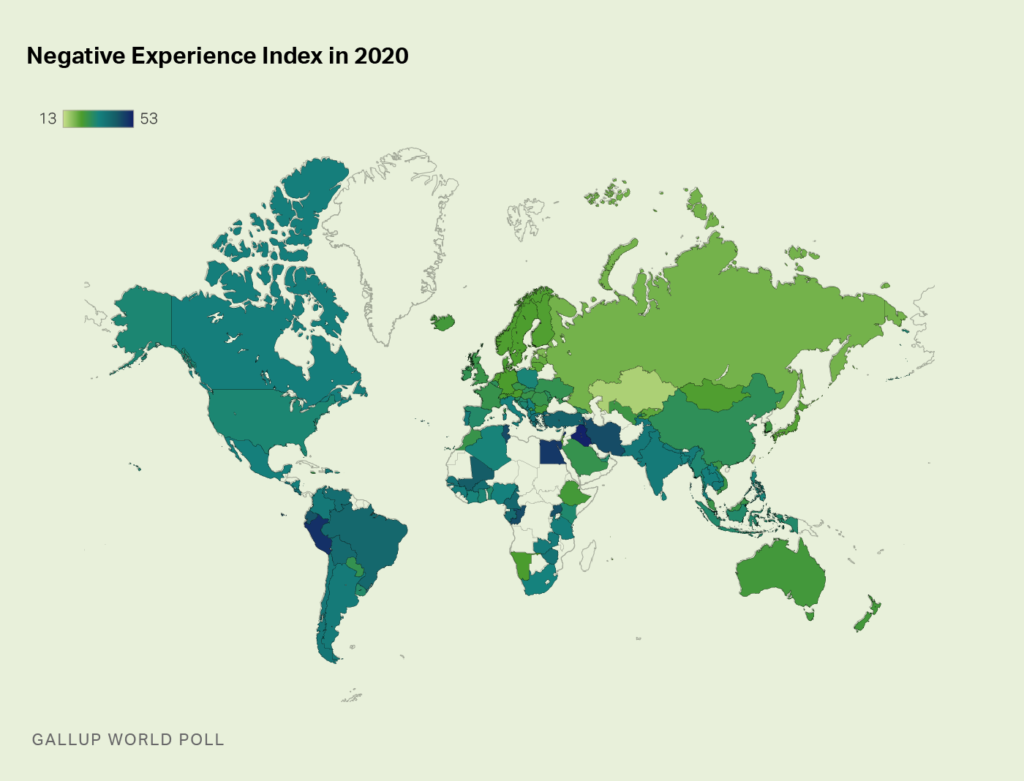 Map showing Gallup’s World Negative Experience Index in 2020. Iraq continued to lead the world in negative experiences. Graphic: Gallup