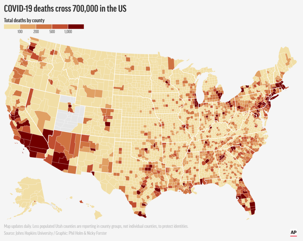 Total COVID-19 deaths in the United States by county, 2 October 2021. The U.S. death toll from COVID-19 eclipsed 700,000 on 1 October 2021 — a number greater than the population of Boston. The last 100,000 deaths occurred during a time when vaccines — which overwhelmingly prevent deaths, hospitalizations and serious illness — were available to any American over the age of 12. Graphic: AP