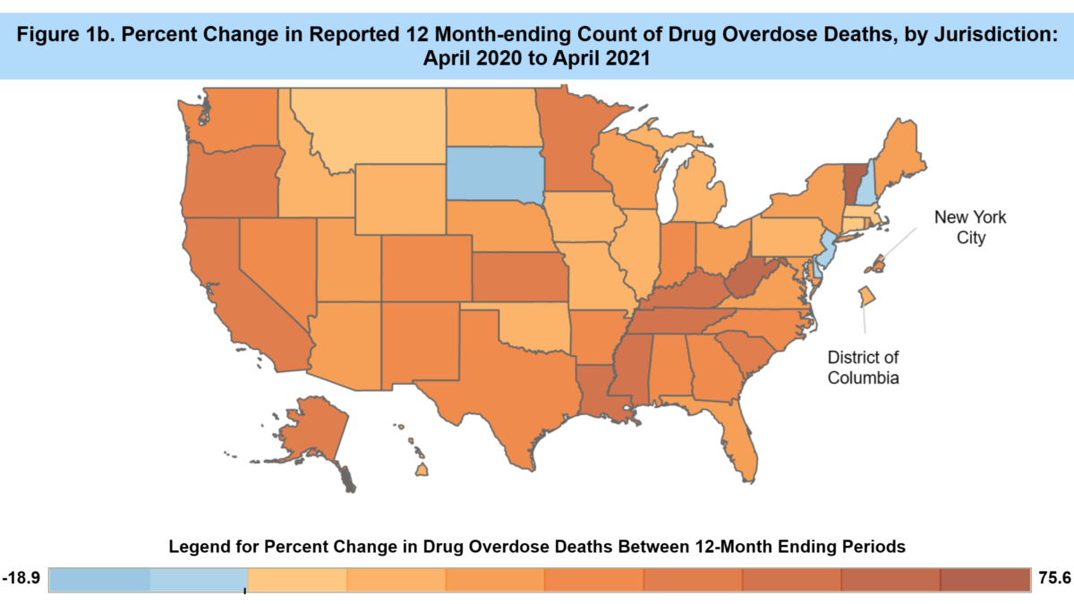 Map showing the percent change in reported 12 month-ending count of U.S. drug overdose deaths by jurisdiction, April 2020 - April 2021. Graphic: National Center for Health Statistics / CDC