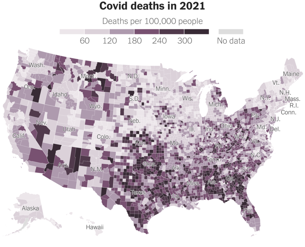 Map showing U.S. Covid deaths by county in 2021. Counties where Trump received at least 70 percent of the vote have an even higher average Covid death toll than counties where Trump won at least 60 percent. As a result, Covid deaths have been concentrated in counties outside of major metropolitan areas. Many of these are in red states, while others are in red parts of blue or purple states, like Arizona, Michigan, Nevada, New Mexico, Pennsylvania, Oregon, Virginia and even California. Graphic: The New York Times