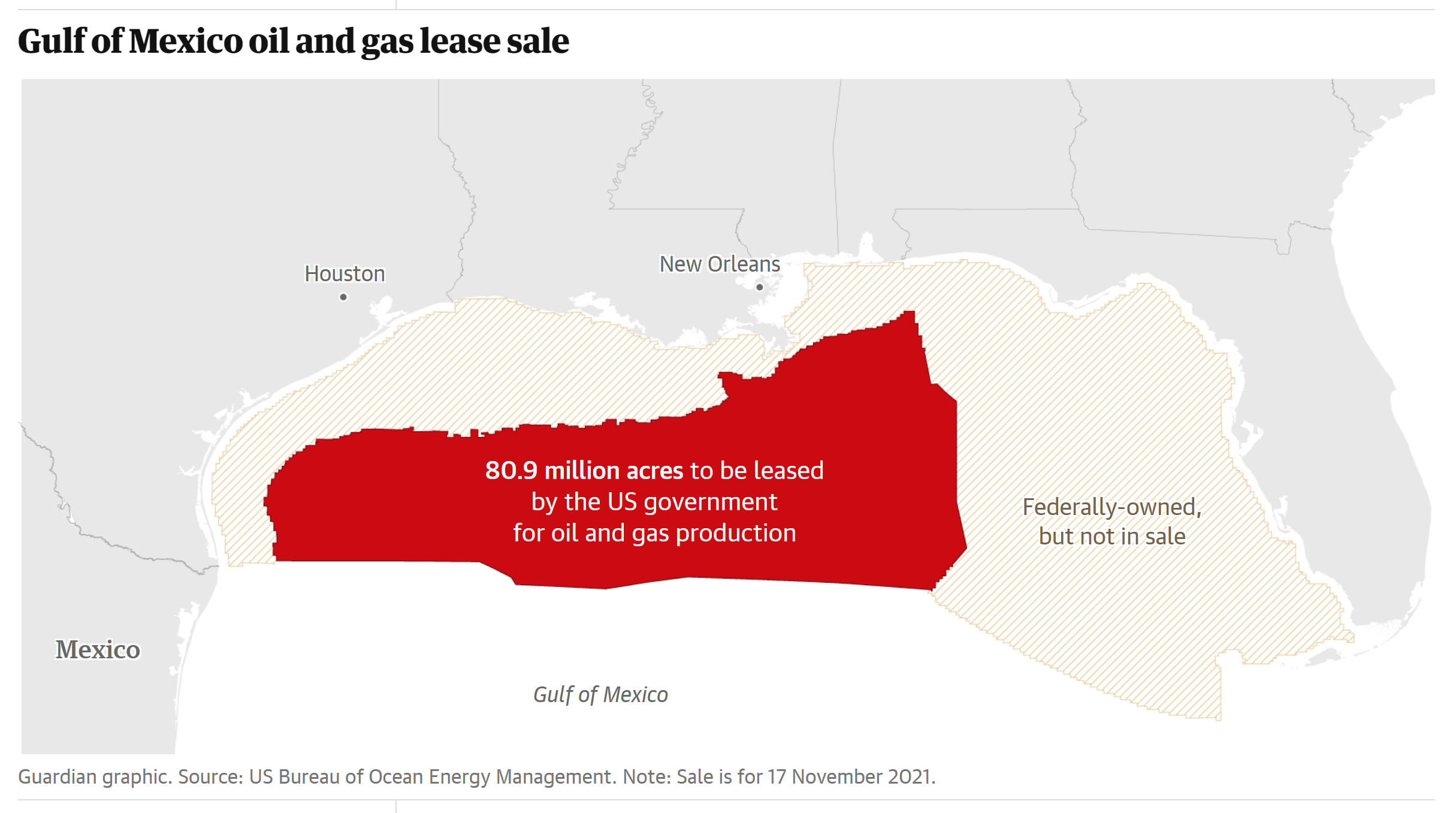 Map showing the area of the Gulf of Mexico covered by the U.S. oil and gas lease sale on 17 November 2021. Source: US Bureau of Ocean Energy Management. Graphic: The Guardian