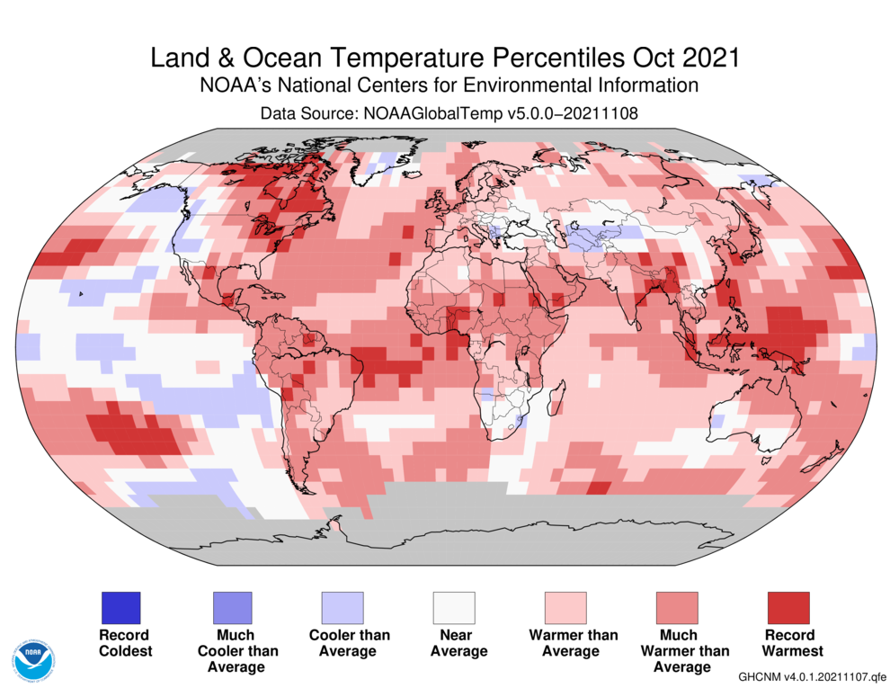 Map showing blended land and sea surface temperature percentiles in October 2021. The unusually warm temperatures across much of the Northern Hemisphere land resulted in the warmest October on record for the Northern Hemisphere land, surpassing the previous record set in 2019 by 0.11°C (0.20°F). The 10 warmest Octobers for the Northern Hemisphere have occurred since 2003. Graphic: NOAA / NCEI