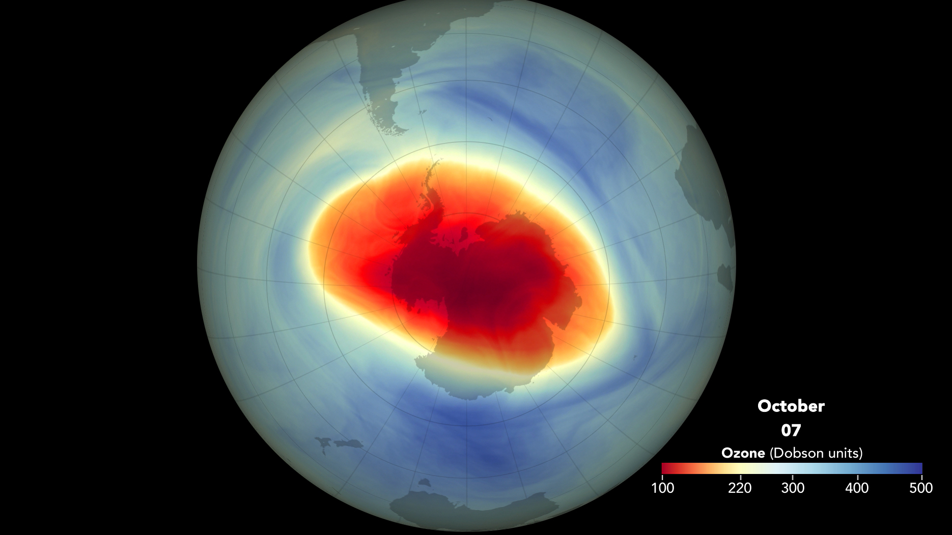 Sateliite data showing the 2021 Antarctic ozone hole, which reached its maximum area on 7 October 2021 and ranked as the 13th-largest such feature since 1979. This view, from a NASA video, shows its current extent based on satellite data. Data: Paul Newman and Eric Nash / NASA / Ozone Watch. Graphic: Joshua Stevens