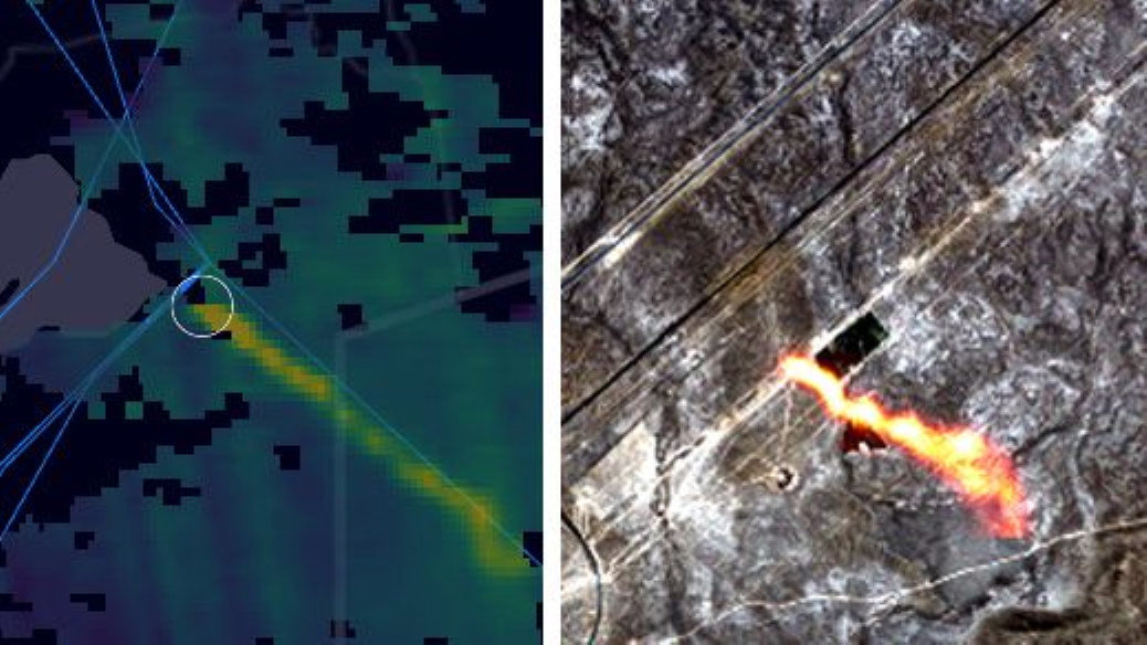 Satellite view showing plumes of potent greenhouse gas methane leaking from a gas pipeline in Kazakhstan, captured by the European Sentinel 2 and Sentinel 5P satellites. Photo: Copernicus