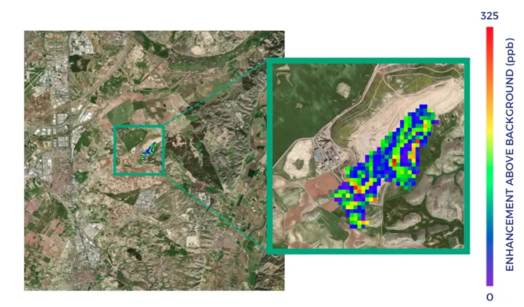 Satellite view showing plumes of methane leaking from a landfill in Spain, detected by Canadian company GHGSat. Photo: ESA / GHGSat