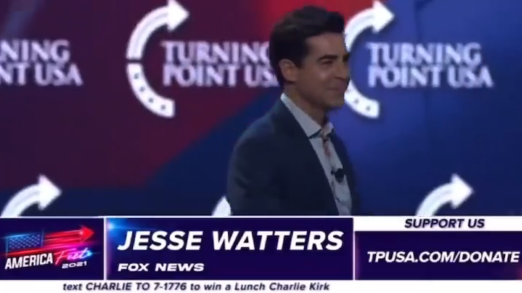 Fox News entertainer Jesse Watters calls for the assassination of Dr. Anthony Fauci at Turning Point USA’s AmericaFest conference on 20 December 2021. Watters encouraged his supporters to ‘ambush’ the infectious-disease expert with a ‘kill shot’. Fox News defended the violent language as taken out of context. Photo: Ron Filipkowski / Twitter